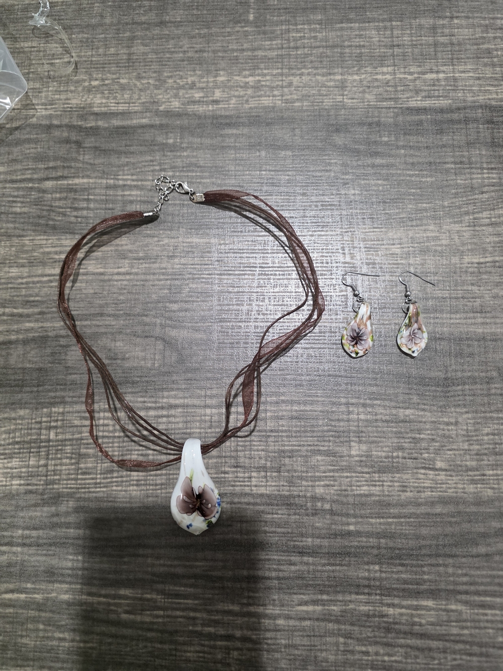Hand-Painted Floral Glass Pendant Necklace and Earring Set - Brown Cord